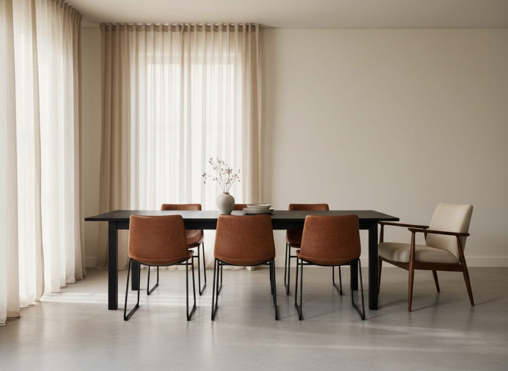 Zwarte Eettafel Met Cognackleurige En Beige Stoelen
