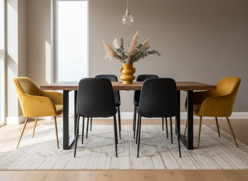 Zwarte Eetkamerstoelen Met Twee Okergele Accentstoelen Zwarte Eetkamerstoelen Met Twee Okergele Accentstoelen