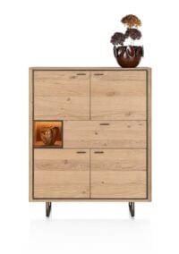 Mogan, Buffet haut, 115 cm de large, 4 portes, 1 tiroir, 1 compartiment ouvert avec LED - chene amber