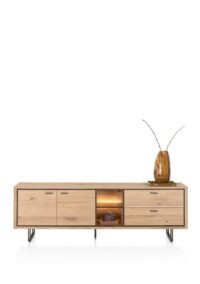 Mogan, Lowboard 190 cm, 2 deuren, 2 laden, 2 openvakken incl. LED - Eiken amber