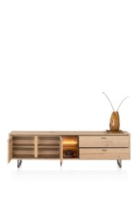 Mogan, Lowboard 220 cm, 2 portes, 2 tiroirs, 2 compartiments ouverts avec LED - chene amber - Image 3