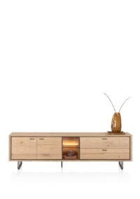 Mogan, Lowboard 220 cm, 2 portes, 2 tiroirs, 2 compartiments ouverts avec LED - chene amber