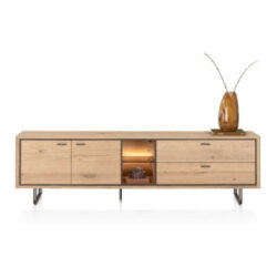 Mogan, Lowboard 220 cm, 2 portes, 2 tiroirs, 2 compartiments ouverts avec LED - chene amber
