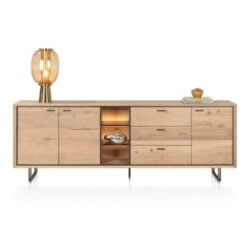 Mogan, Buffet 230 cm 3 portes, 3 tiroirs, 3 compartiments ouverts avec LED - chene amber