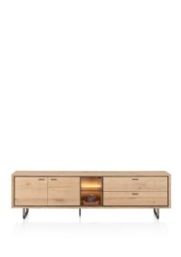 Mogan, Lowboard 220 cm, 2 portes, 2 tiroirs, 2 compartiments ouverts avec LED - chene amber - Image 2