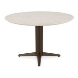 Caletta, eetkamertafel rond 120 cm. - HPL Primo Laminato blad - centrale teenpoot steelbrown - Travertin