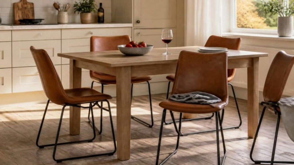 Afwasbare keukenstoelen in cognac kunstleder aan een eiken keukentafel