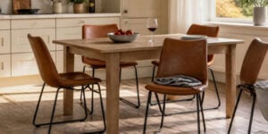 Afwasbare Keukenstoelen In Cognac Kunstleder Aan Een Eiken Keukentafel