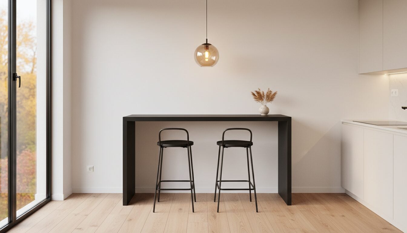 Bartafel Tegen De Muur In Een Compacte Keuken Met Twee Barkrukken Bartafel Tegen De Muur In Een Compacte Keuken Met Twee Barkrukken