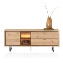 Mogan, Lowboard 160 cm, 1 porte, 2 tiroirs, 2 compartiments ouverts avec LED