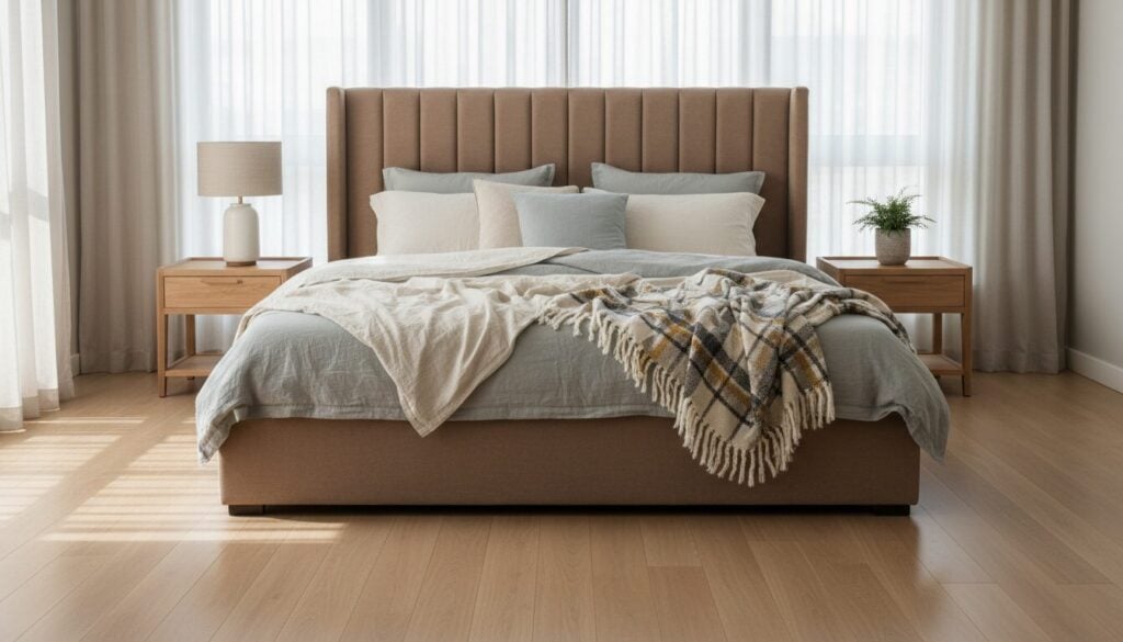 Brede boxspring met hoofdbord en ruime loopruimte aan beide zijden