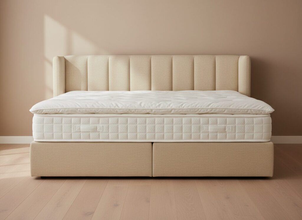 Zijaanzicht Van Een Boxspring Met Box, Matras, Topper En Hoofdbord