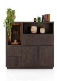 Gijon, highboard 145 cm - 1-porte de verre + 2-portes + 2-tiroirs + 1-p. rabattante + 1-niche (+LED)