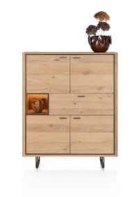 Mogan, Highboard, 115 cm breed, 4 deuren, 1 lade, 1 openvak incl. LED - Eiken amber