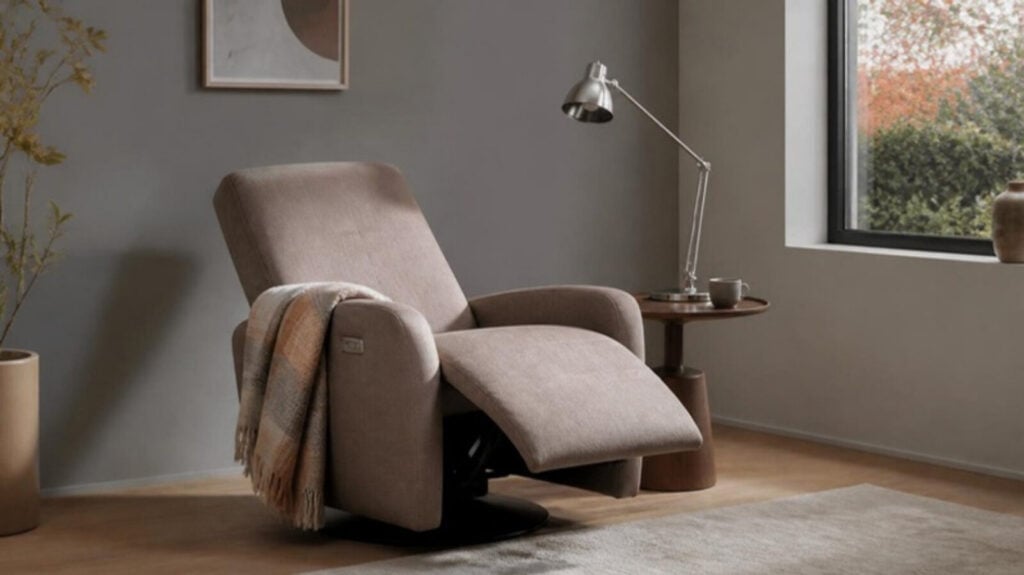 Elektrische relaxzetel in taupe stof, uitgeklapt in een woonkamer