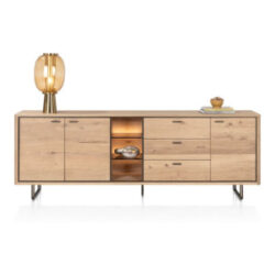 Mogan, Buffet 230 cm 3 portes, 3 tiroirs, 3 compartiments ouverts avec LED