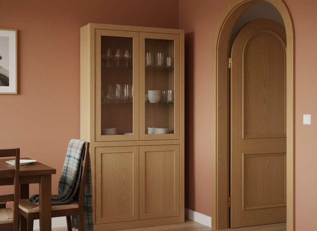 Highboard In Eik Met Gesloten Onderkast En Glazen Bovendeel In Een Hoek Highboard In Eik Met Gesloten Onderkast En Glazen Bovendeel In Een Hoek