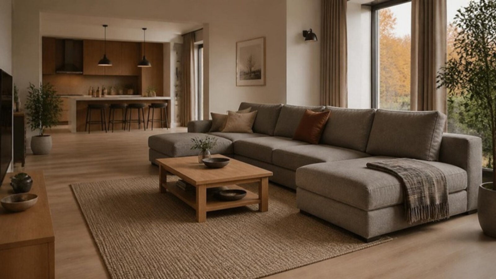 Hoekzetel Met Longchair Aan De Raamkant En Vrije Looplijn Naar De Keuken Hoekzetel Met Longchair Aan De Raamkant En Vrije Looplijn Naar De Keuken