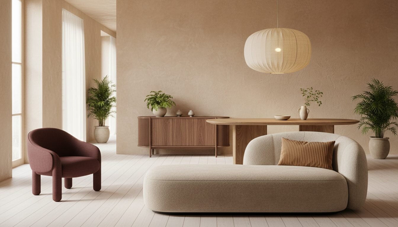 Woonkamer Met Beige Zetel, Bordeaux Fauteuil En Walnoot Dressoir In De Trends Van 2027 Woonkamer Met Beige Zetel, Bordeaux Fauteuil En Walnoot Dressoir In De Trends Van 2027