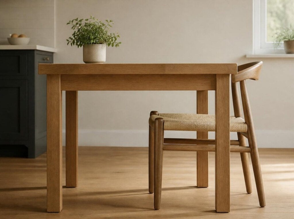Zijaanzicht Van Keukentafel En Stoel Met De Beenruimte Tussen Zitting En Blad Zijaanzicht Van Keukentafel En Stoel Met De Beenruimte Tussen Zitting En Blad