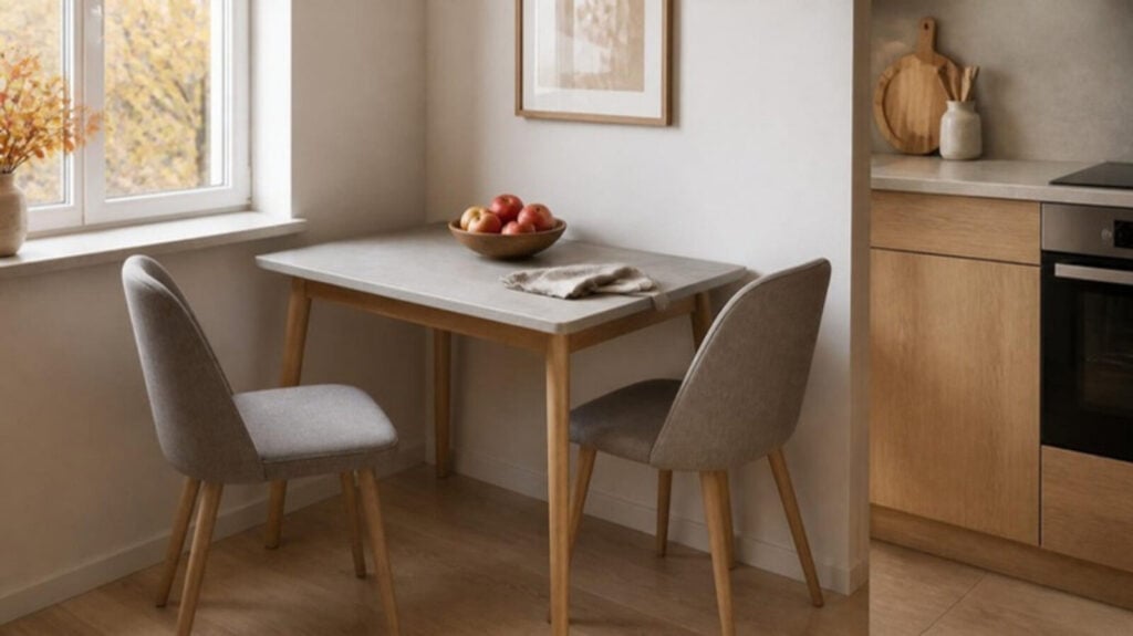 Keukentafel van 120 x 80 cm met de lange zijde tegen de muur in een kleine keuken