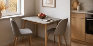 Keukentafel Van 120 X 80 Cm Met De Lange Zijde Tegen De Muur In Een Kleine Keuken