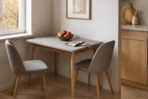 Keukentafel Van 120 X 80 Cm Met De Lange Zijde Tegen De Muur In Een Kleine Keuken