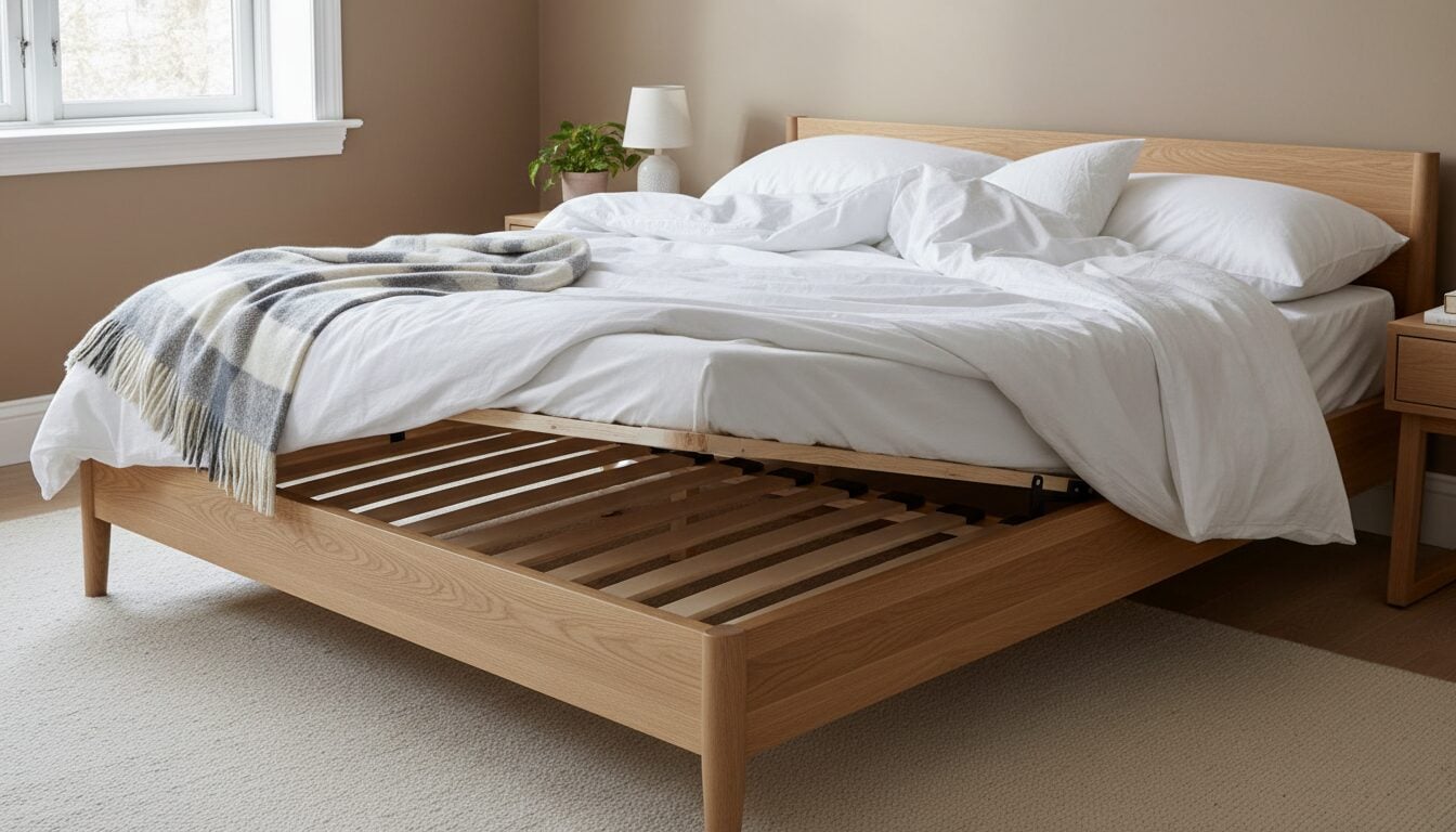 Lattenbodem Zichtbaar Onder Een Opgetilde Matras In Een Eiken Bed Lattenbodem Zichtbaar Onder Een Opgetilde Matras In Een Eiken Bed