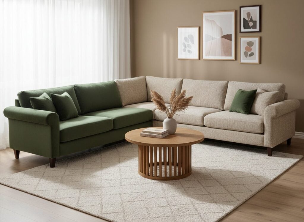 Groene Velvet Loveseat Haaks Op Een Beige Hoekzetel Groene Velvet Loveseat Haaks Op Een Beige Hoekzetel