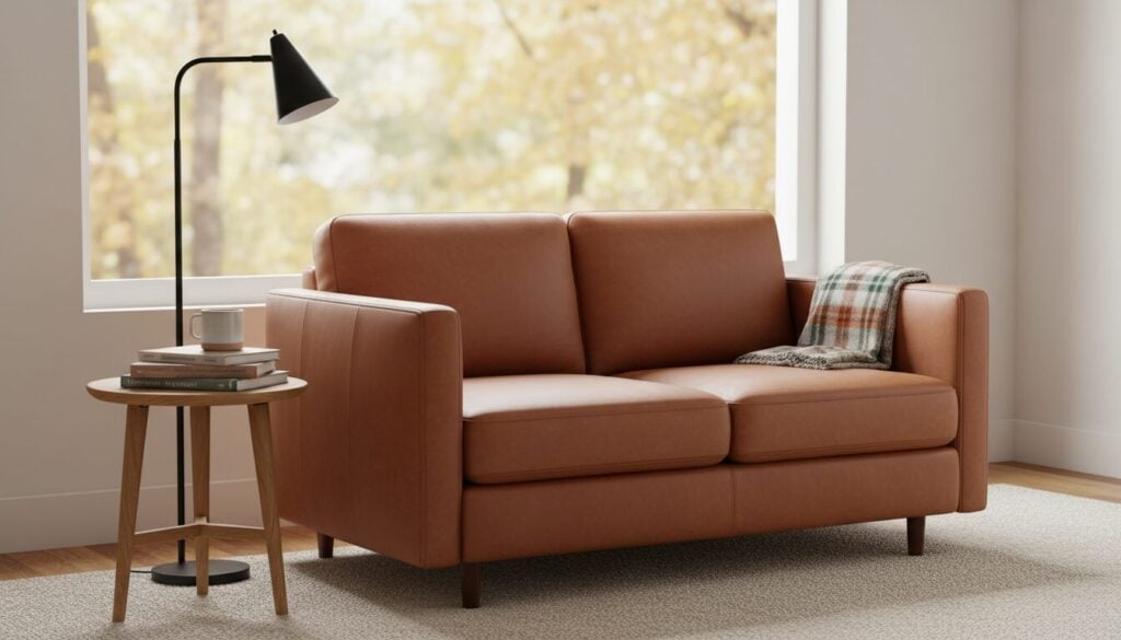 Loveseat in cognac leder in een leeshoek bij het raam