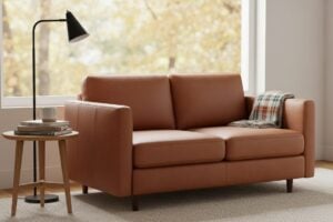 Loveseat In Cognac Leder In Een Leeshoek Bij Het Raam