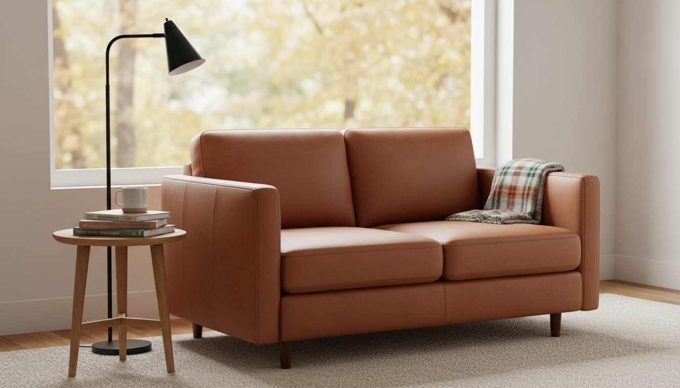 Loveseat In Cognac Leder In Een Leeshoek Bij Het Raam Loveseat In Cognac Leder In Een Leeshoek Bij Het Raam