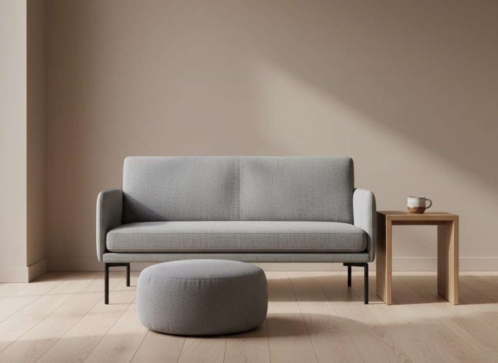 Grijze Loveseat Met Poef Als Voetsteun En Eiken Bijzettafel Grijze Loveseat Met Poef Als Voetsteun En Eiken Bijzettafel