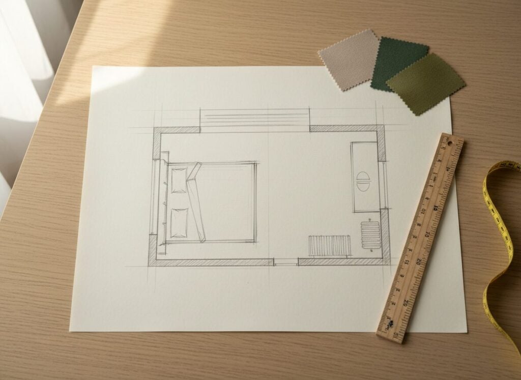 Plattegrond Van Een Slaapkamer Met Bed, Kleerkast En Deurzwaai Op Tafel Met Meetlint Plattegrond Van Een Slaapkamer Met Bed, Kleerkast En Deurzwaai Op Tafel Met Meetlint