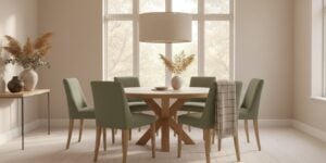 Ronde Eiken Eettafel Met Zes Stoelen En Gecentreerde Hanglamp