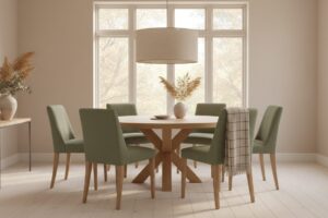 Ronde Eiken Eettafel Met Zes Stoelen En Gecentreerde Hanglamp