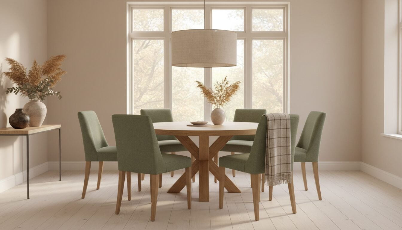 Ronde Eiken Eettafel Met Zes Stoelen En Gecentreerde Hanglamp Ronde Eiken Eettafel Met Zes Stoelen En Gecentreerde Hanglamp