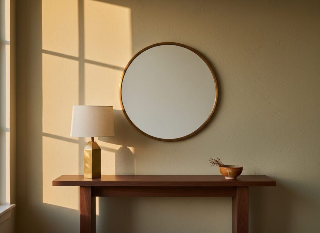 Ronde Spiegel Met Messing Lijst Boven Een Walnoten Wandtafel Ronde Spiegel Met Messing Lijst Boven Een Walnoten Wandtafel