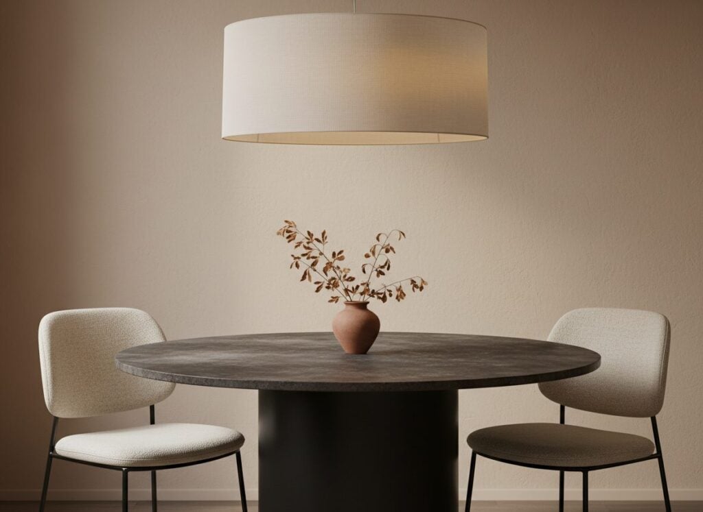 Ronde Tafel Met Keramisch Blad Op Centrale Poot En Lage Hanglamp Ronde Tafel Met Keramisch Blad Op Centrale Poot En Lage Hanglamp