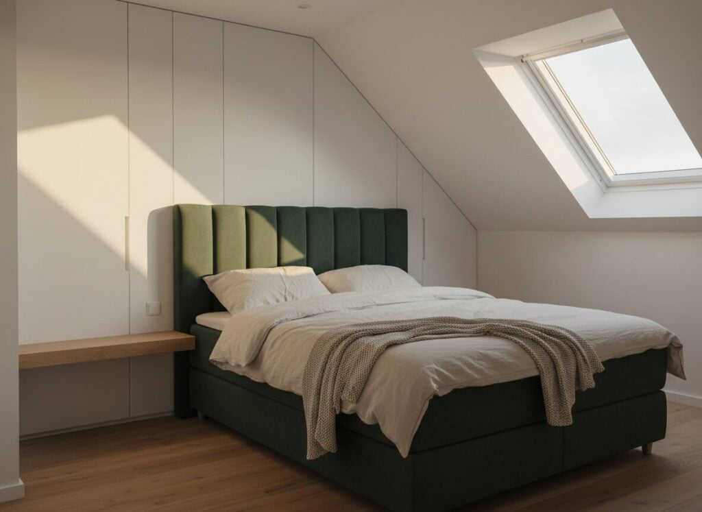 Los Samengestelde Slaapkamer Met Boxspring In Stof En Kleerkast Op Maat Onder Schuin Dak Los Samengestelde Slaapkamer Met Boxspring In Stof En Kleerkast Op Maat Onder Schuin Dak