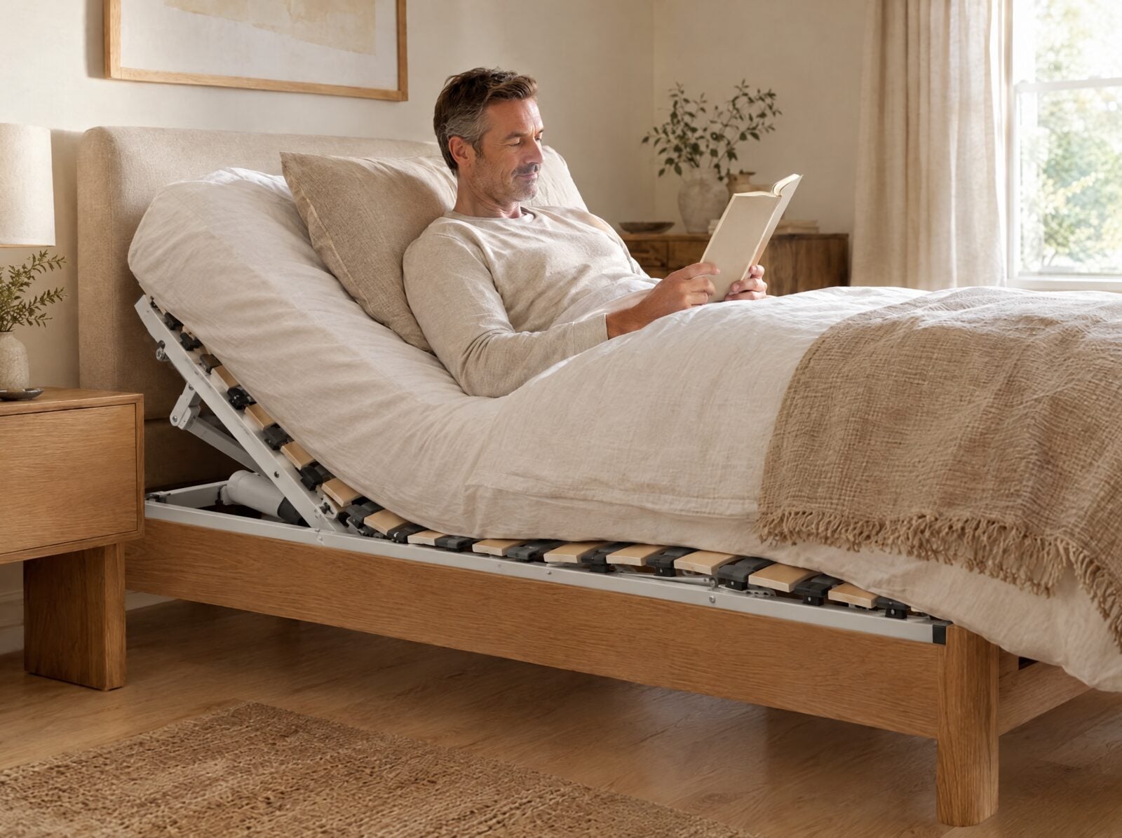 Man Leest In Een Elektrisch Verstelbaar Bed Met Lattenbodem