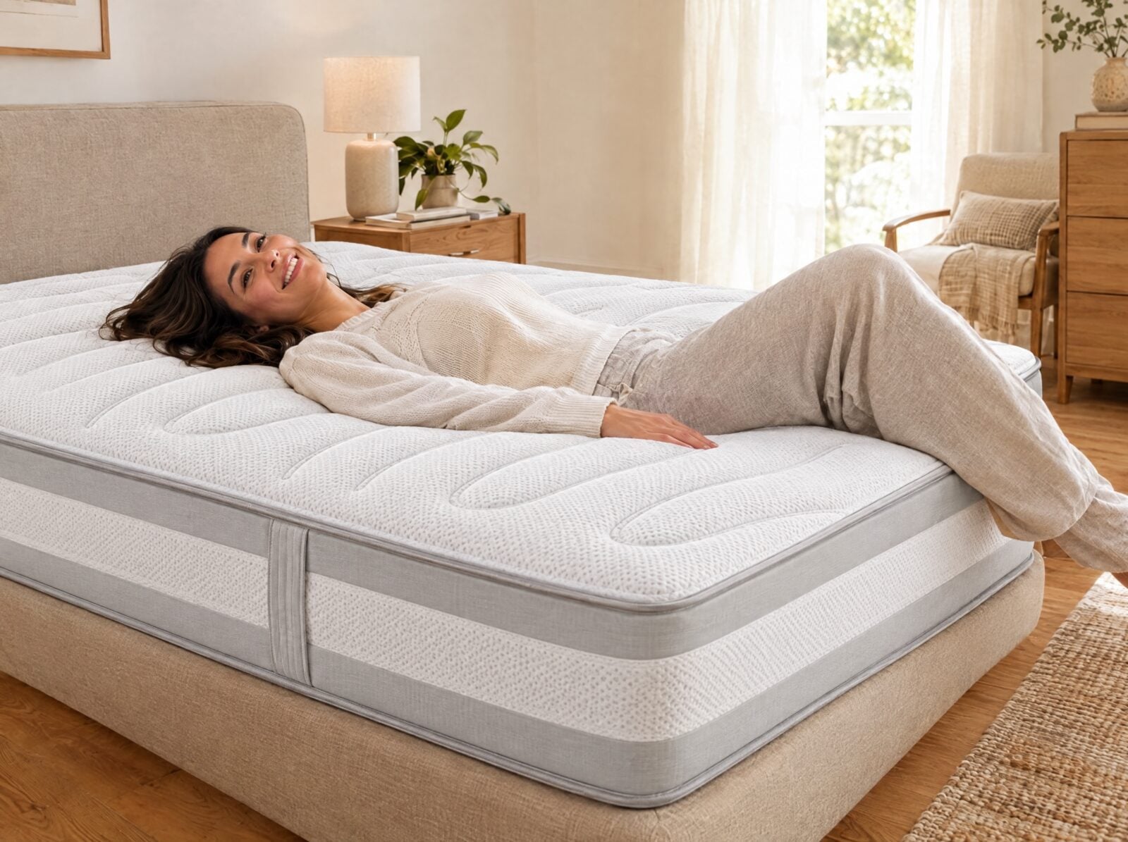 Vrouw Test Het Comfort Van Een Nieuwe Matras