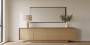 Rechthoekige Spiegel Boven Een Eiken Dressoir In De Eetkamer