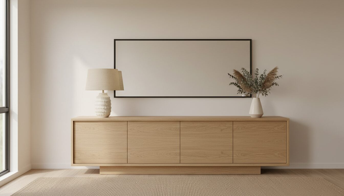 Rechthoekige Spiegel Boven Een Eiken Dressoir In De Eetkamer Rechthoekige Spiegel Boven Een Eiken Dressoir In De Eetkamer