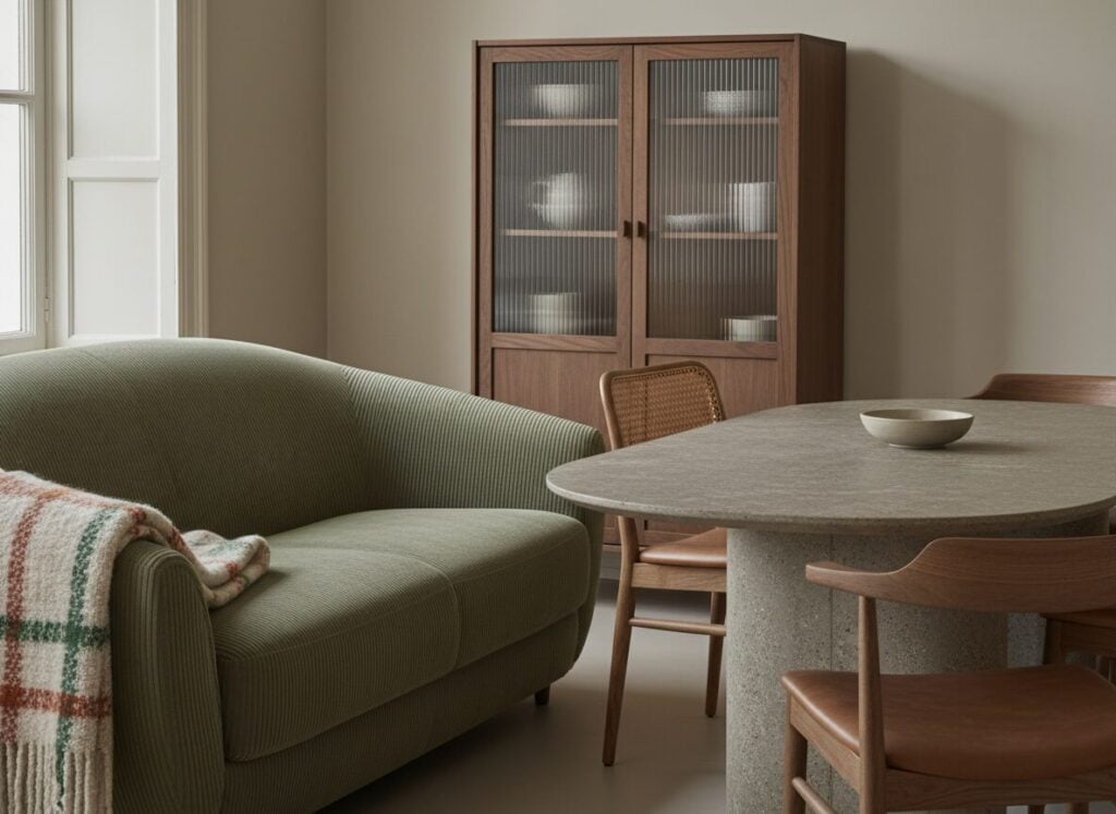 Gebogen Loveseat In Olijfgroen Ribcord Naast Een Ovale Keramiek Eettafel Gebogen Loveseat In Olijfgroen Ribcord Naast Een Ovale Keramiek Eettafel