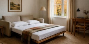 Uitgeklapt Zetelbed Met Lattenbodem En Matras In Een Logeerkamer