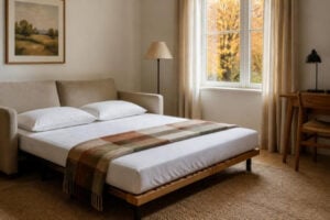Uitgeklapt Zetelbed Met Lattenbodem En Matras In Een Logeerkamer
