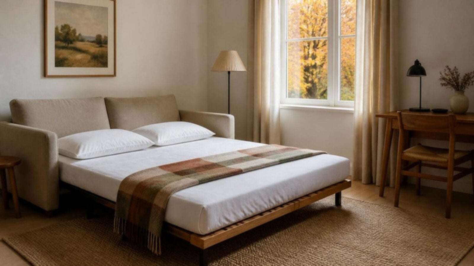 Uitgeklapt Zetelbed Met Lattenbodem En Matras In Een Logeerkamer Uitgeklapt Zetelbed Met Lattenbodem En Matras In Een Logeerkamer